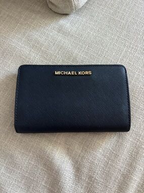 Michael Kors Black Saffiano Leather Compact Wallet with Gold Logo